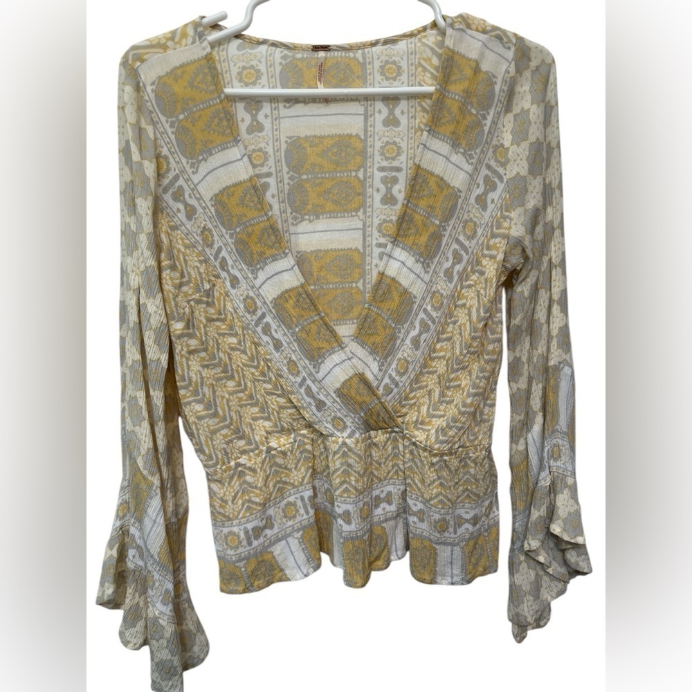 Free People Rosalie Bell Sleeve Faux Wrap Top in Antique Combo